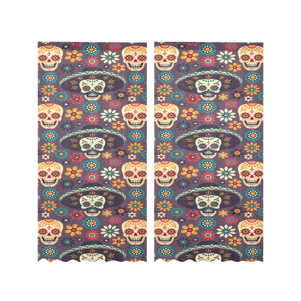 Sugar skulls flower maxican pattern Gauze Curtain