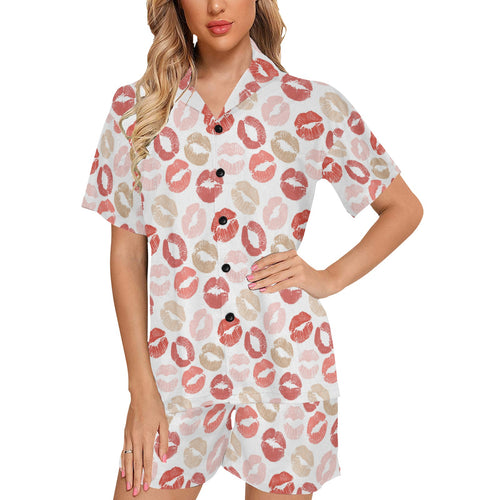 Lips Pattern Print Design 04 Women's V-Neck Short Pajama Set