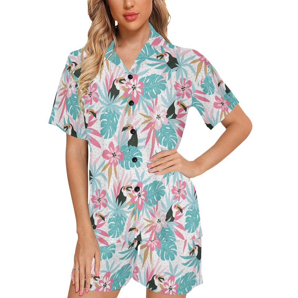 Toucan tropical flower leave pattern Women's V-Neck Short Pajama Set