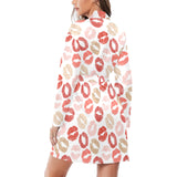 Lips Pattern Print Design 04 Women's Long Sleeve Belted Night Robe