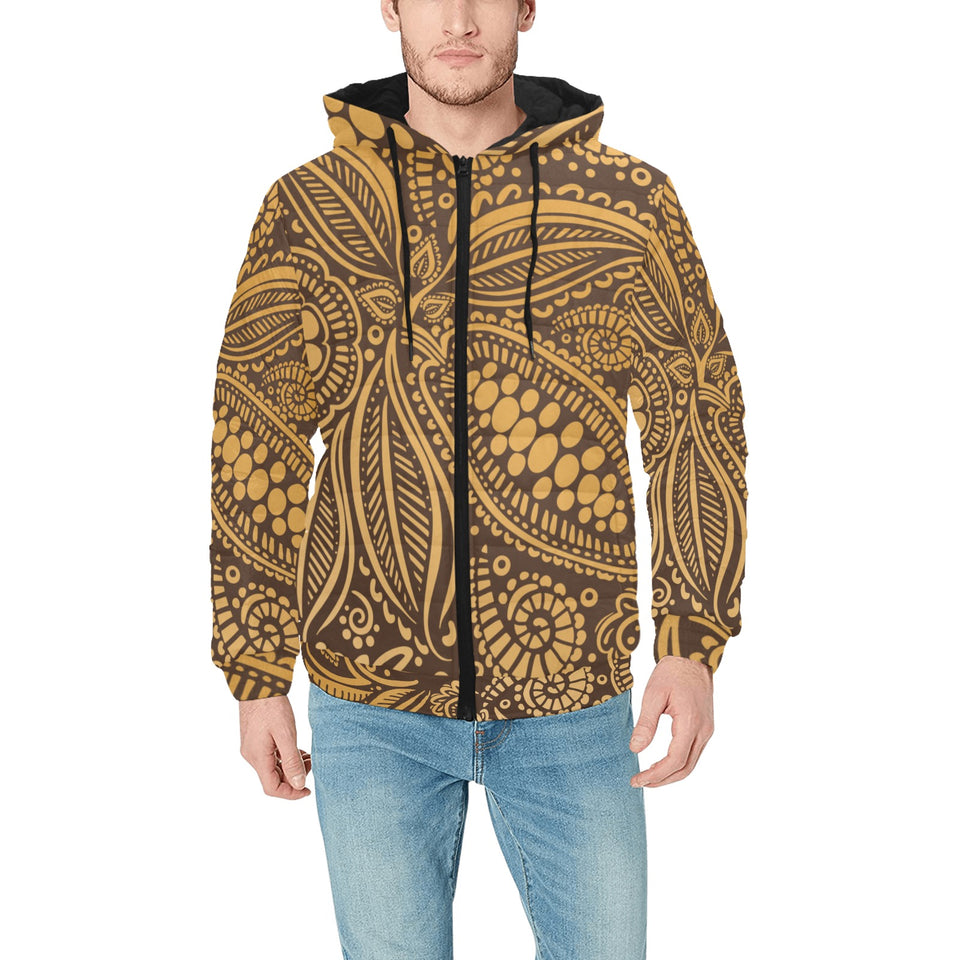 cacao beans tribal polynesian pattern background Men's Padded Hooded Jacket