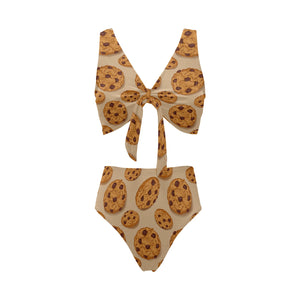 Cookie pattern Chest Bowknot High Waisted Bikini Swimsuit