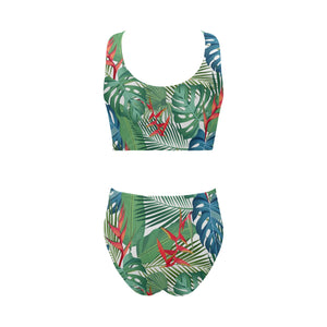 heliconia palm and monstera leaves pattern Chest Bowknot High Waisted Bikini Swimsuit