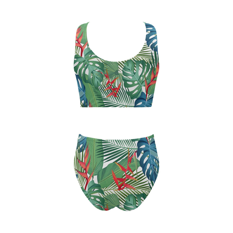 heliconia palm and monstera leaves pattern Chest Bowknot High Waisted Bikini Swimsuit