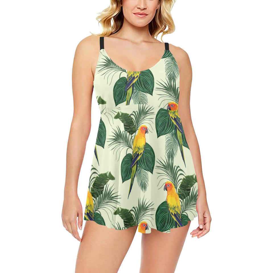 Beautiful parrot palm leaves pattern Chest Sexy Pleated Two Piece Swim Dress