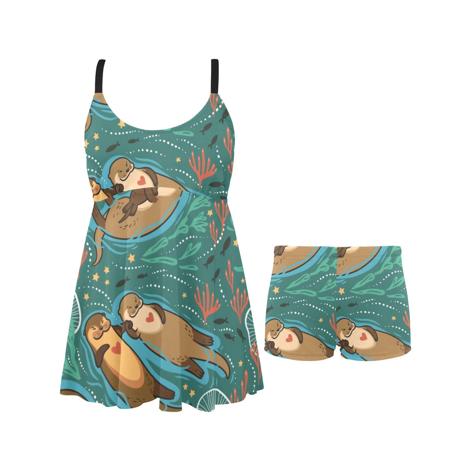 cute brown sea otters ornamental seaweed corals gr Chest Sexy Pleated Two Piece Swim Dress