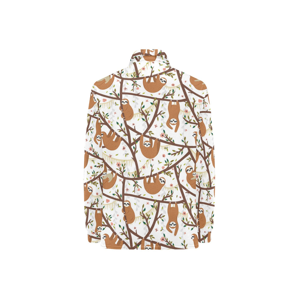 Sloths hanging on the tree pattern Women's Long Sleeve Polo Shirt