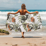 Monkey red hibiscus flower palm leaves floral patt Beach Towel