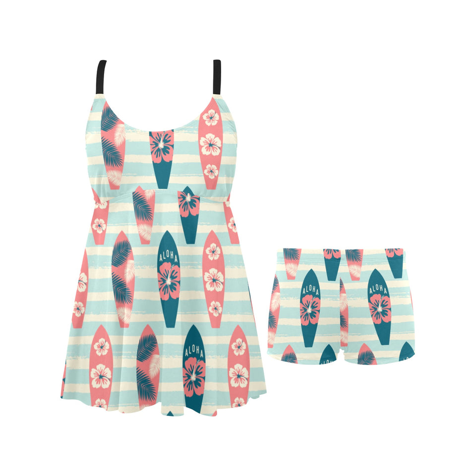Surfboard Pattern Print Design 02 Chest Sexy Pleated Two Piece Swim Dress