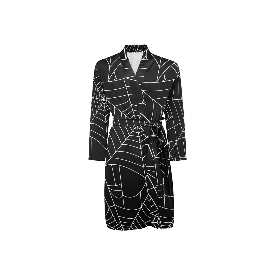 Spider web pattern Black background white cobweb Men's Long Sleeve Belted Night Robe