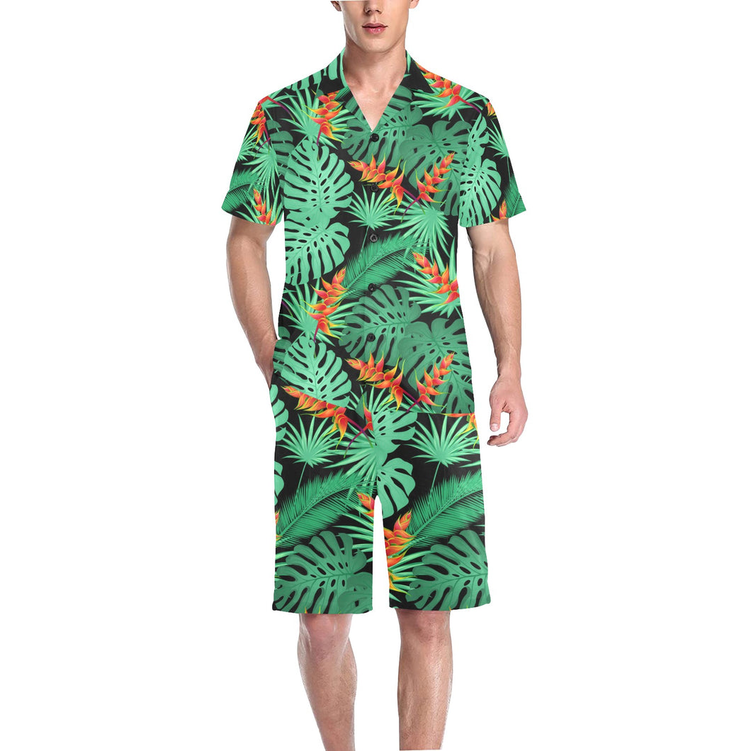 heliconia flower palm monstera leaves black backgr Men's V-Neck Short Pajama Set