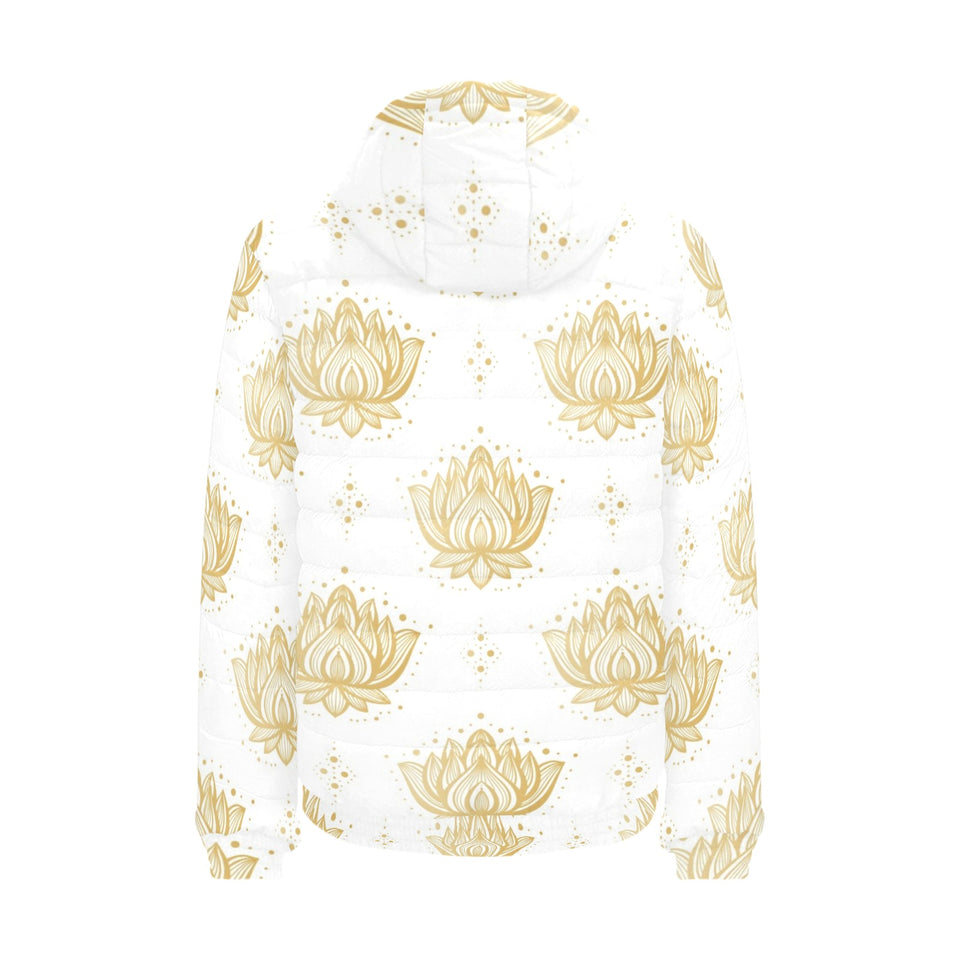 Gold Ornamental lotue waterlily symbol pattern Men's Padded Hooded Jacket