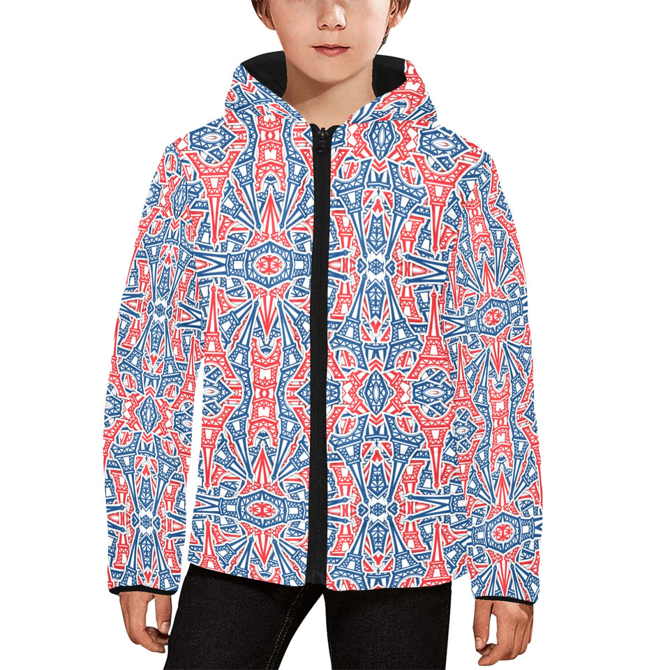 Blue Red Eiffel Tower Pattern Print Design 02 Kids' Boys' Girls' Padded Hooded Jacket
