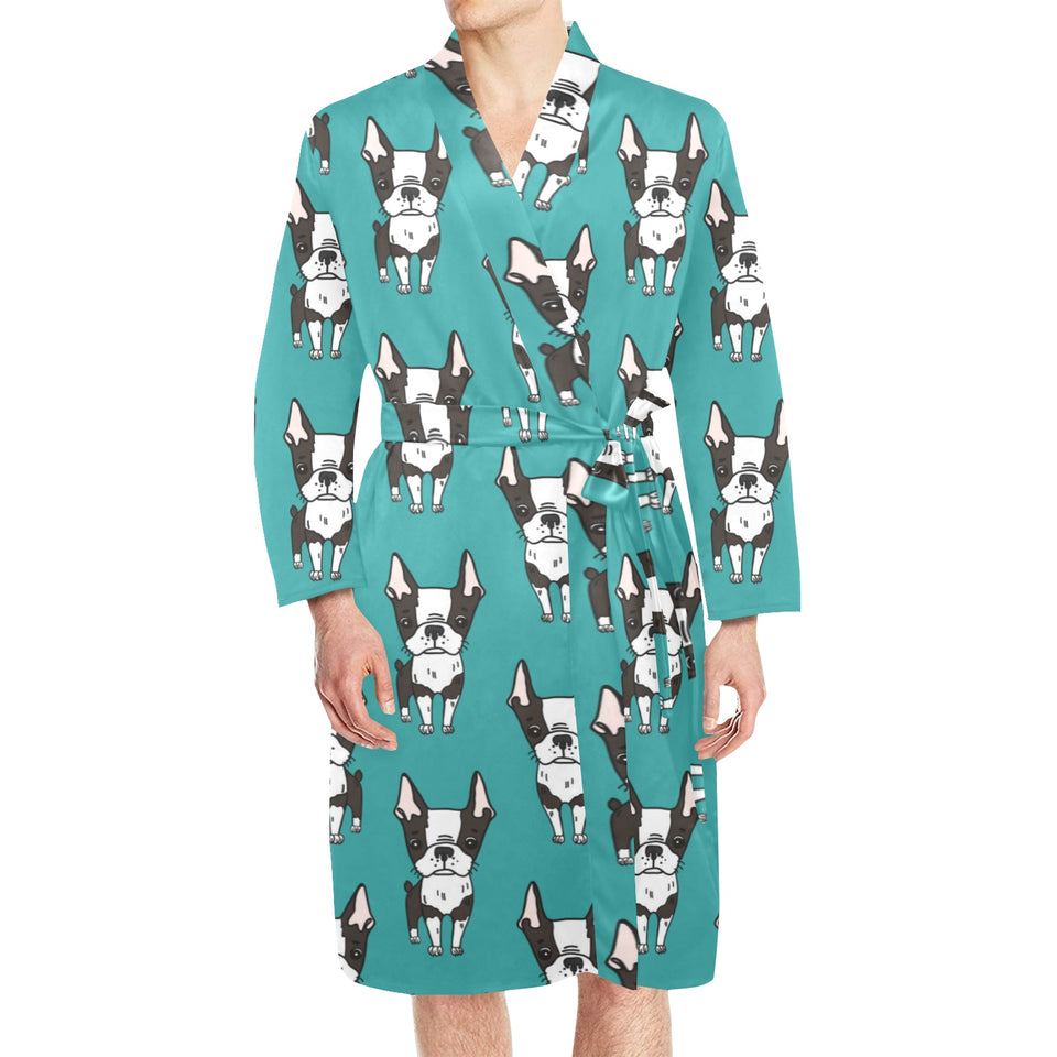 Hand drawn boston terrier dog pattern Men's Long Sleeve Belted Night Robe