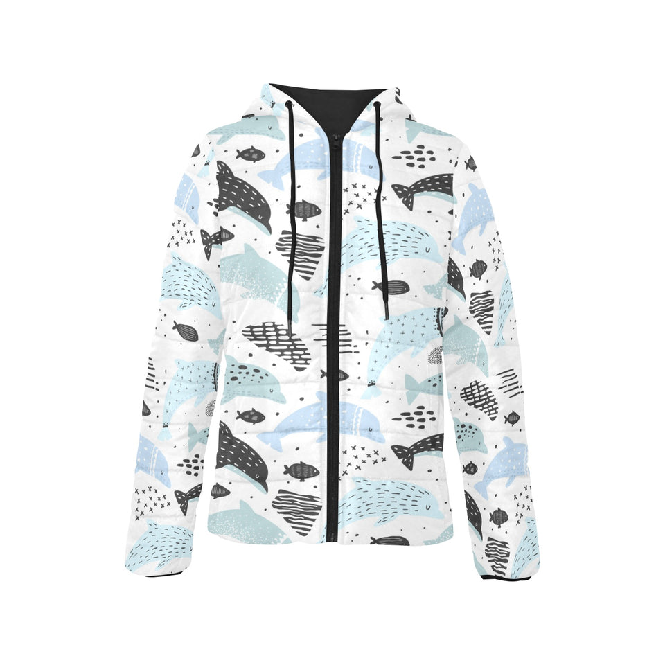 Cute dolphins Childish Style pattern Women's Padded Hooded Jacket