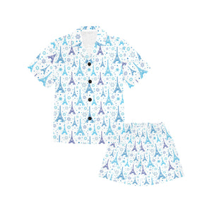 Blue Eiffel Tower Theme Pattern Print Design 01 Kids' Boys' Girls' V-Neck Short Pajama Set