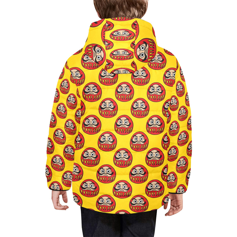 Daruma japanese wooden doll yellow background Kids' Boys' Girls' Padded Hooded Jacket