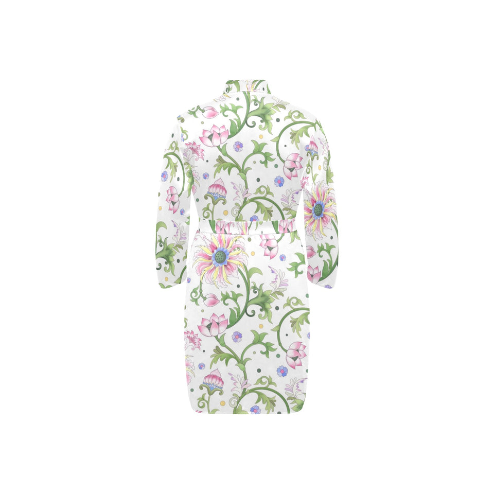 Beautiful pink lotus waterlily leaves pattern Men's Long Sleeve Belted Night Robe