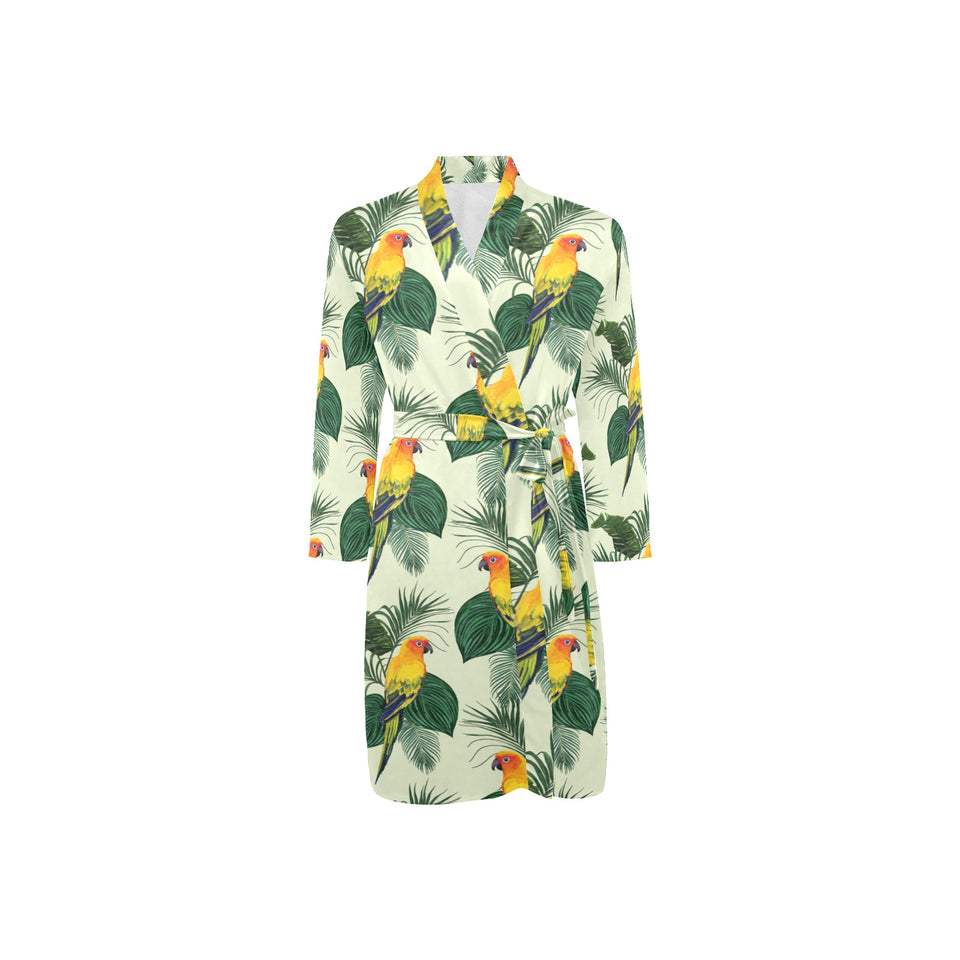 Beautiful parrot palm leaves pattern Men's Long Sleeve Belted Night Robe
