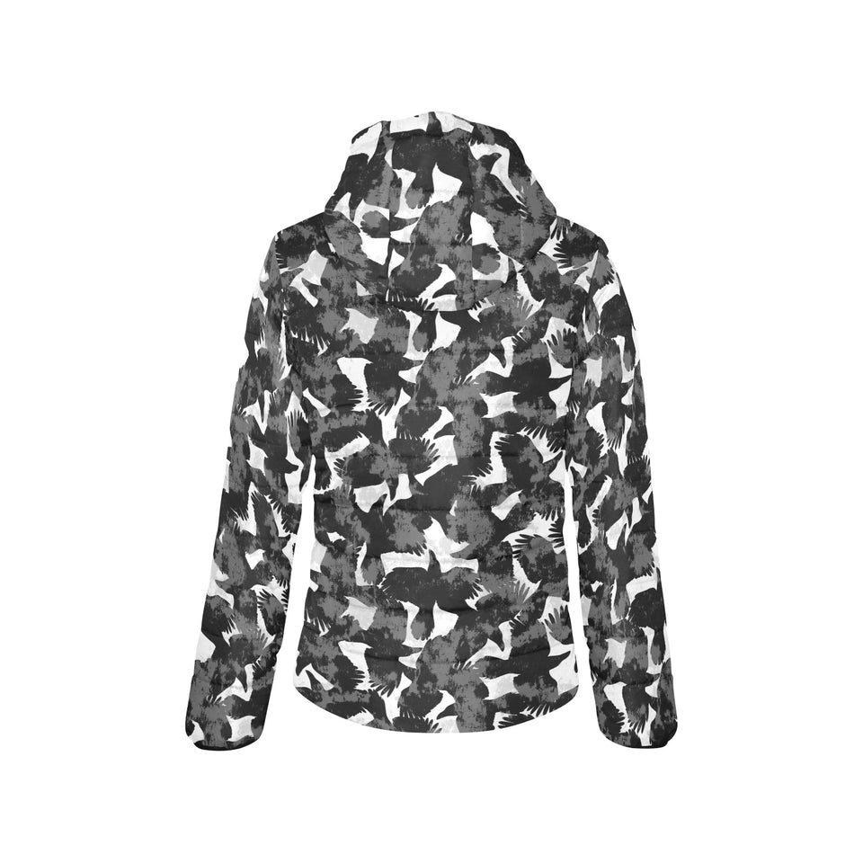 Crow illustration pattern Women's Padded Hooded Jacket
