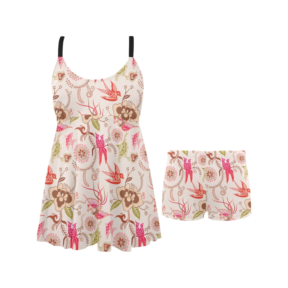 Swallow Pattern Print Design 01 Chest Sexy Pleated Two Piece Swim Dress