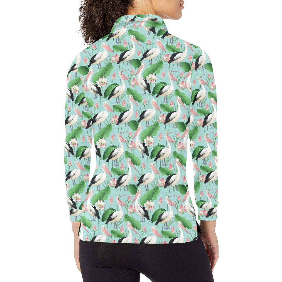 Pelican Pattern Print Design 01 Women's Long Sleeve Polo Shirt