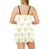 Cute cartoon frog baby pattern Chest Sexy Pleated Two Piece Swim Dress