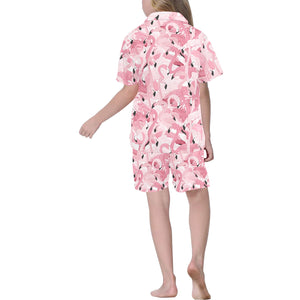 Pink flamingos pattern background Kids' Boys' Girls' V-Neck Short Pajama Set