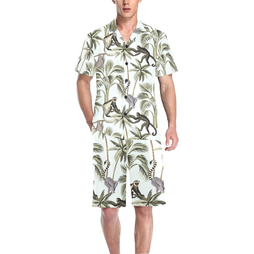 Monkey sloth lemur palm trees pattern Men's V-Neck Short Pajama Set