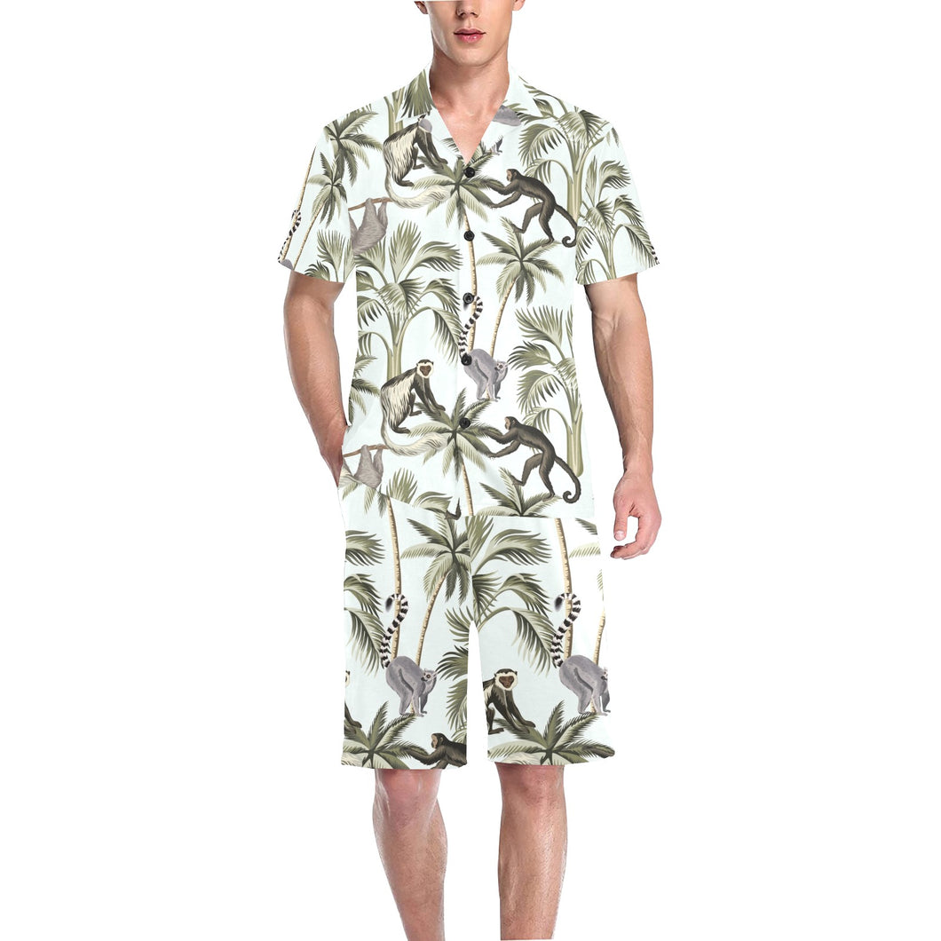 Monkey sloth lemur palm trees pattern Men's V-Neck Short Pajama Set