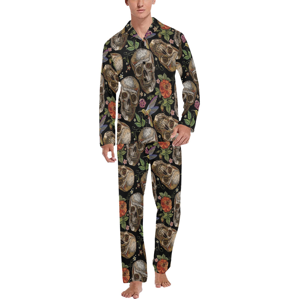 Skull rose humming bird flower pattern Men's Long Pajama Set
