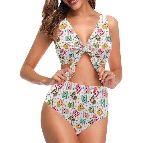 Color cute owl pattern Chest Bowknot High Waisted Bikini Swimsuit