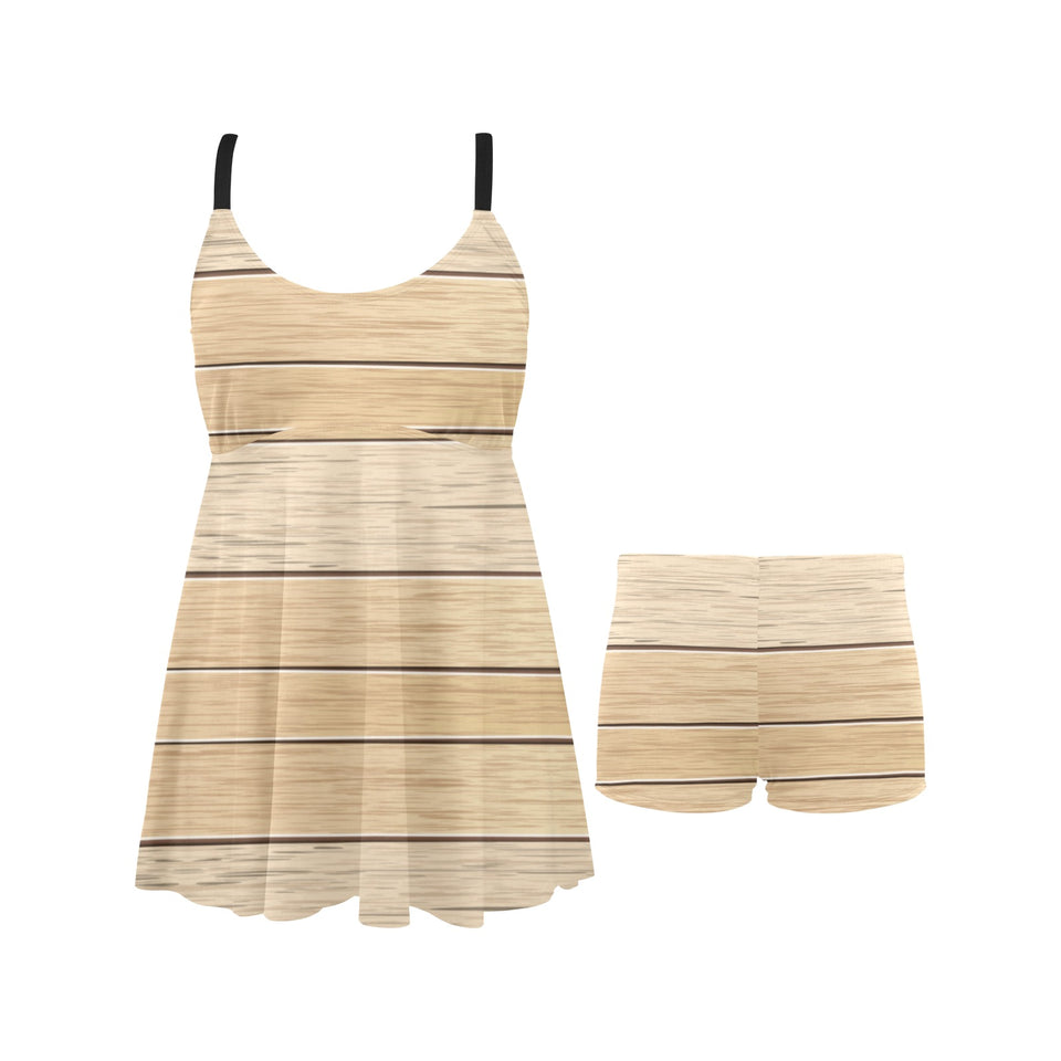 Wood Printed Pattern Print Design 01 Chest Sexy Pleated Two Piece Swim Dress