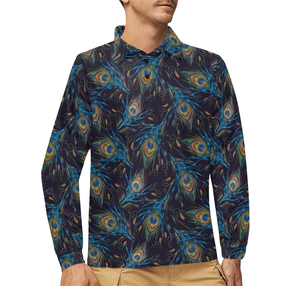 Beautiful peacock feather pattern Men's Long Sleeve Polo Shirt