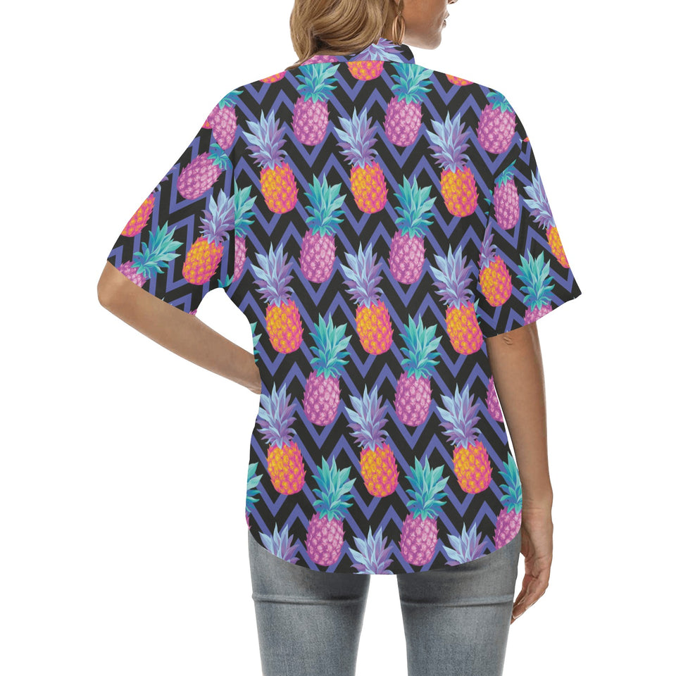 Pineapples pattern zigzag background Women's All Over Print Hawaiian Shirt