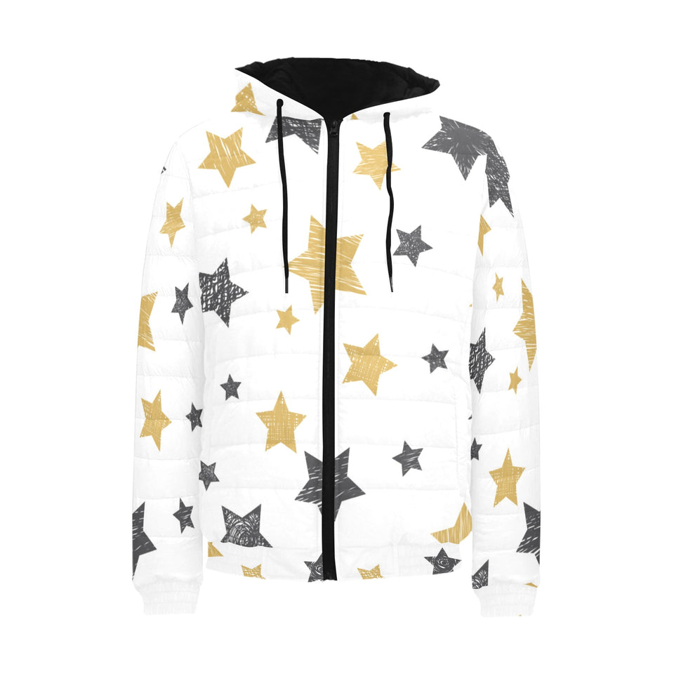 hand drawn gold black star pattern Men's Padded Hooded Jacket