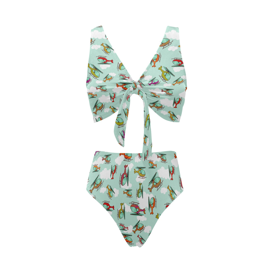 Helicopter design pattern Chest Bowknot High Waisted Bikini Swimsuit