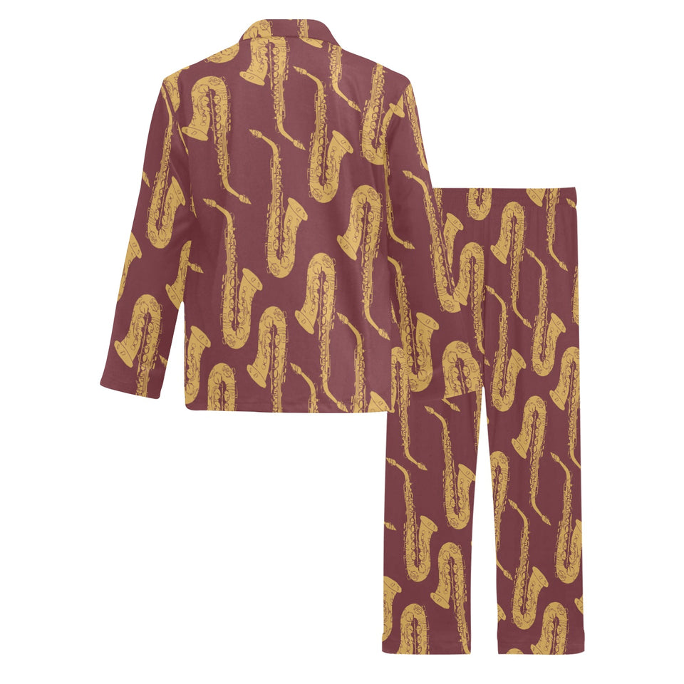 Hand drawn gold saxophone red background Men's Long Pajama Set