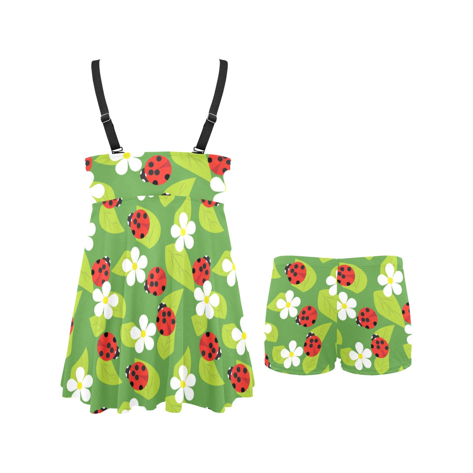 Ladybug Pattern Print Design 01 Chest Sexy Pleated Two Piece Swim Dress