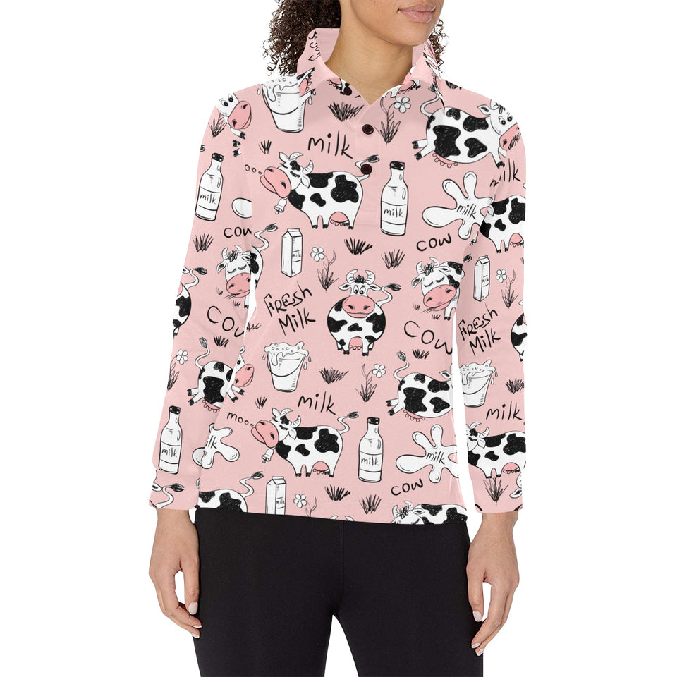 Cows milk product pink background Women's Long Sleeve Polo Shirt