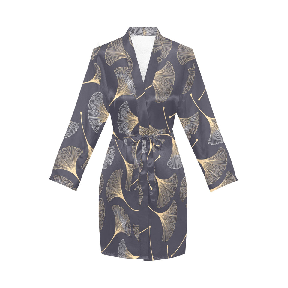 Gold ginkgo leaves Women's Long Sleeve Belted Night Robe