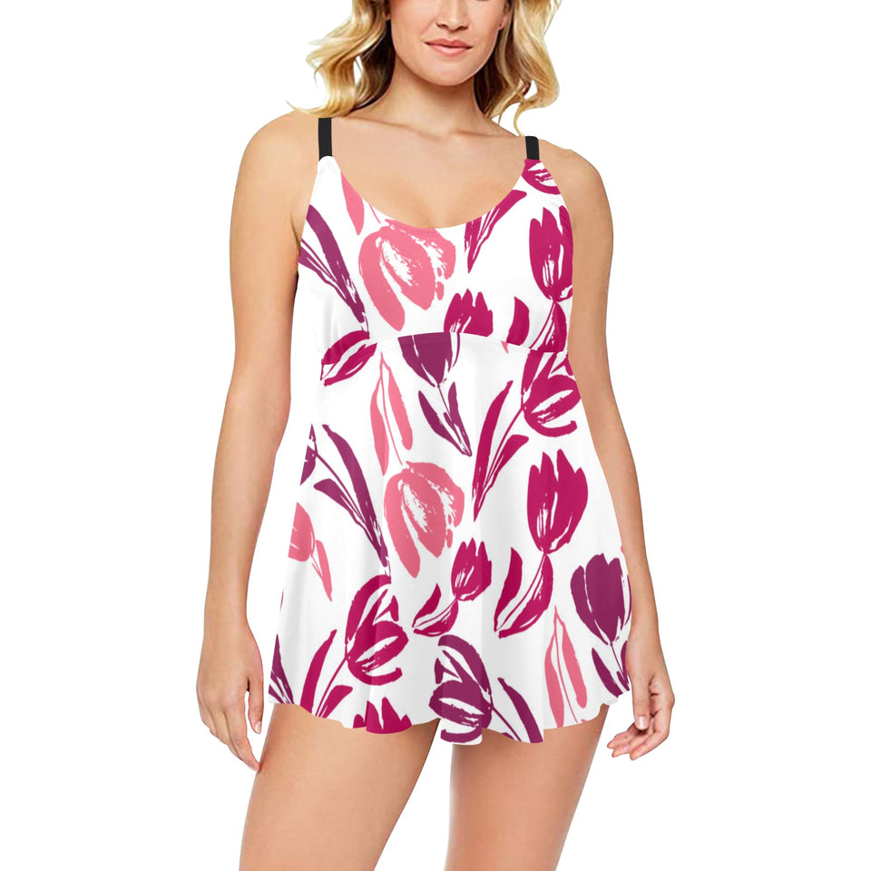 pink sketch tulip pattern Chest Sexy Pleated Two Piece Swim Dress