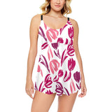 pink sketch tulip pattern Chest Sexy Pleated Two Piece Swim Dress