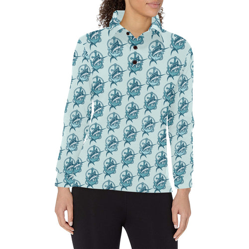 Swordfish Pattern Print Design 05 Women's Long Sleeve Polo Shirt
