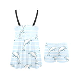 Dolphin blue striped background Chest Sexy Pleated Two Piece Swim Dress