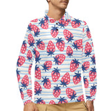 Strawberry pattern blue lines background Men's Long Sleeve Polo Shirt