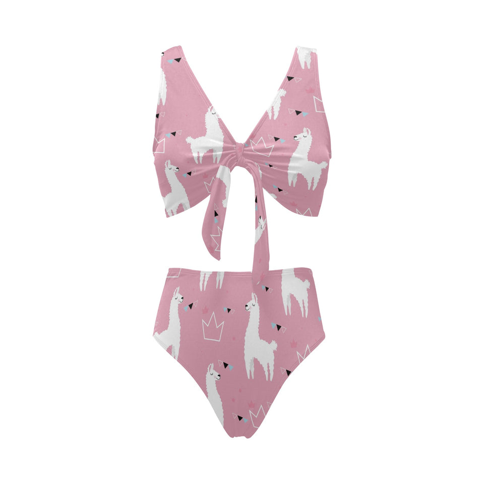 Llama Alpaca pink background Chest Bowknot High Waisted Bikini Swimsuit