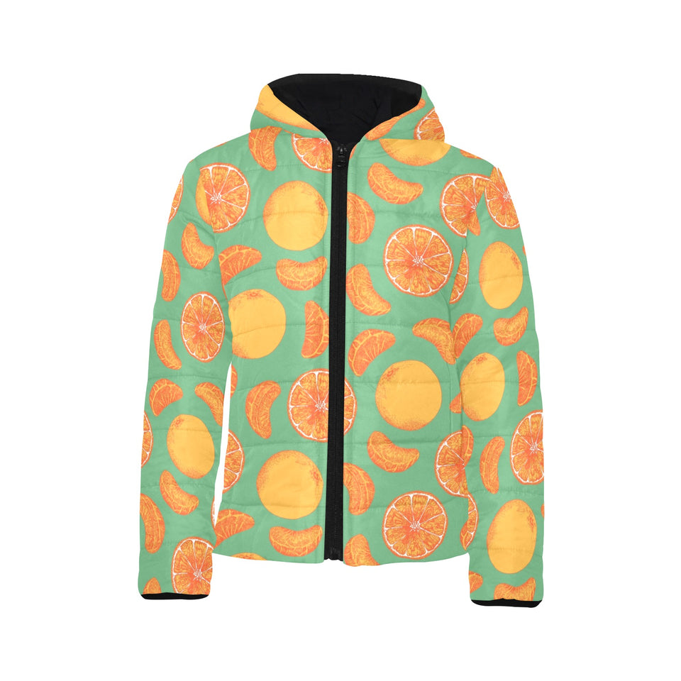 orange fruit pattern green background Kids' Boys' Girls' Padded Hooded Jacket