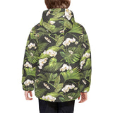 White orchid flower tropical leaves pattern blackg Kids' Boys' Girls' Padded Hooded Jacket