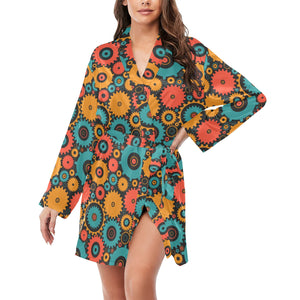 Gear Pattern Print Design 01 Women's Long Sleeve Belted Night Robe